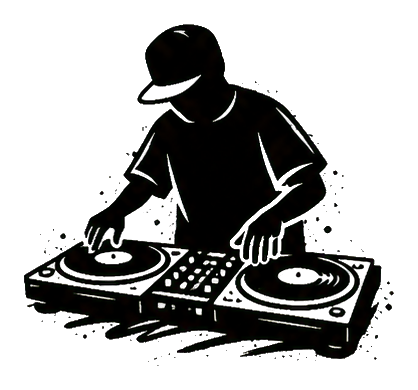 Black DJ silhouette leaning over turntables with headphones and mixing equipment