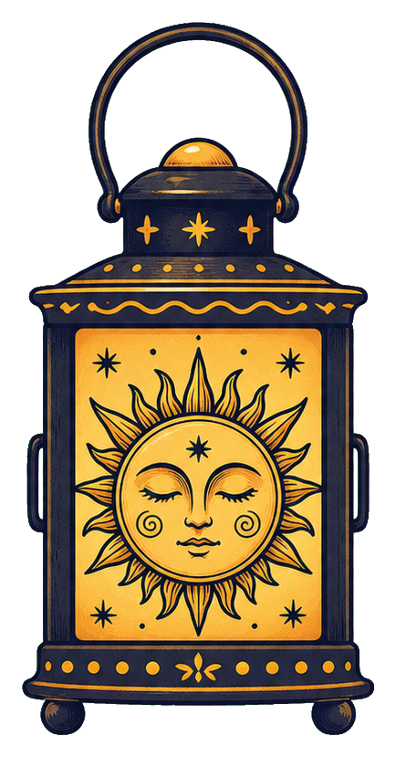 Decorative lantern with a glowing sun face and star details in warm colors.