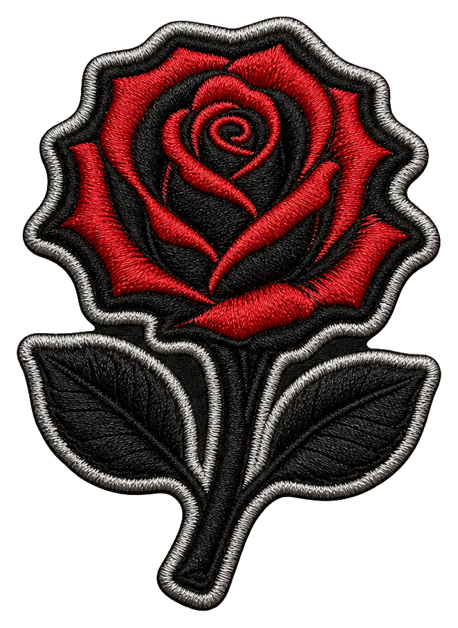 Black rose patch sticker with red rose petals and dark leaves on a black background