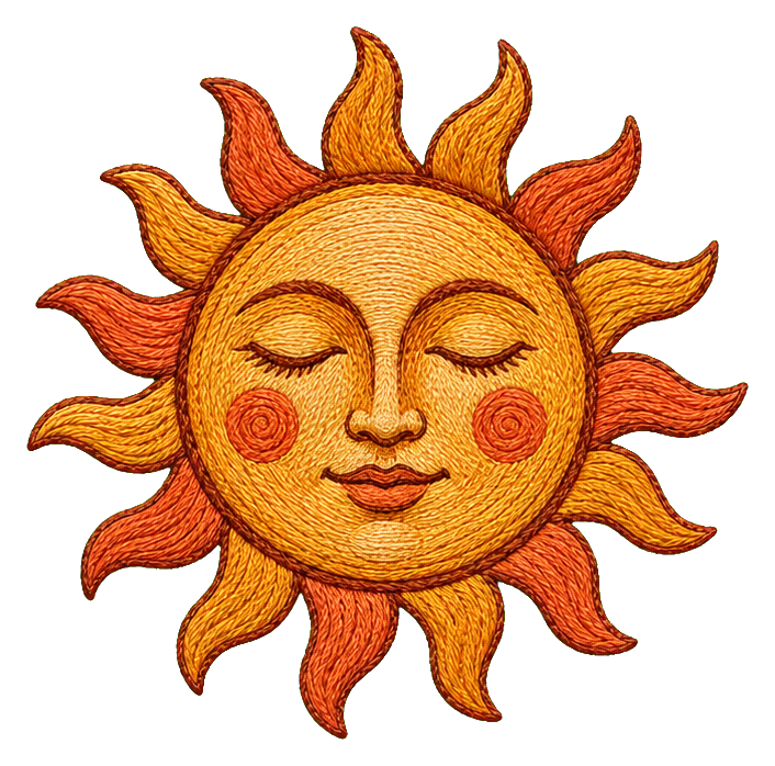 Embroidered folk sun with closed eyes, rosy cheeks, and warm orange rays