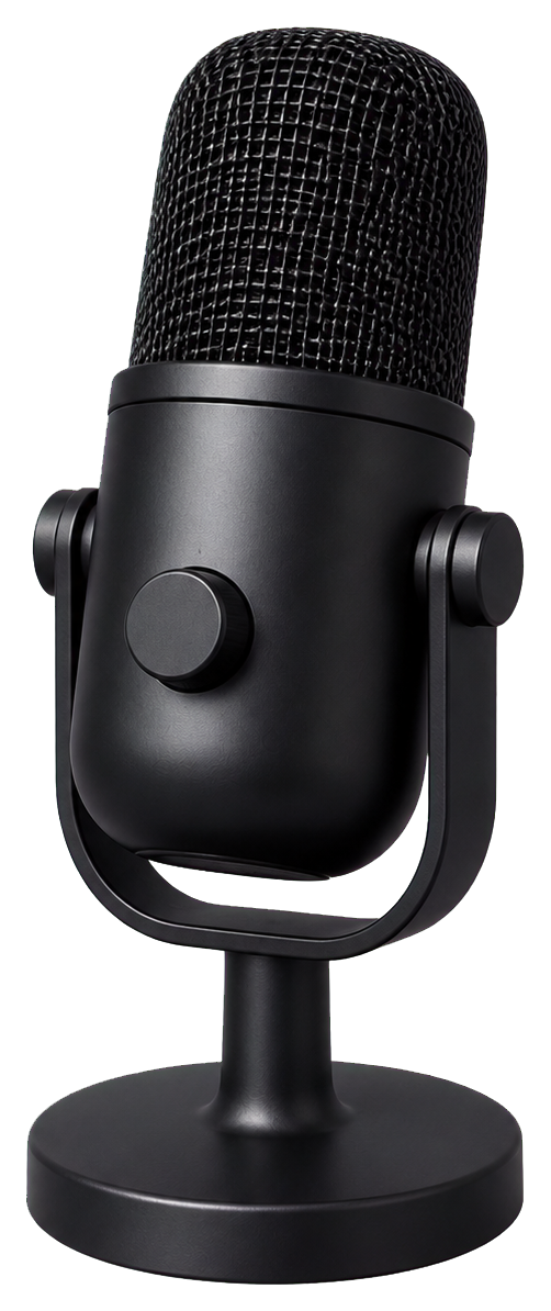 Plain black studio microphone on a stand with a simple dark design
