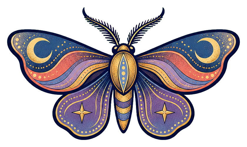 Colorful celestial moth with moon, stars, and decorative boho wings