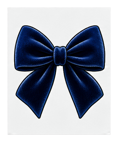 Dark navy velvet bow with ribbon tails on a transparent background