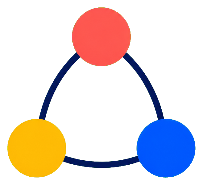 Three colored circles connected in a triangular badge shape.
