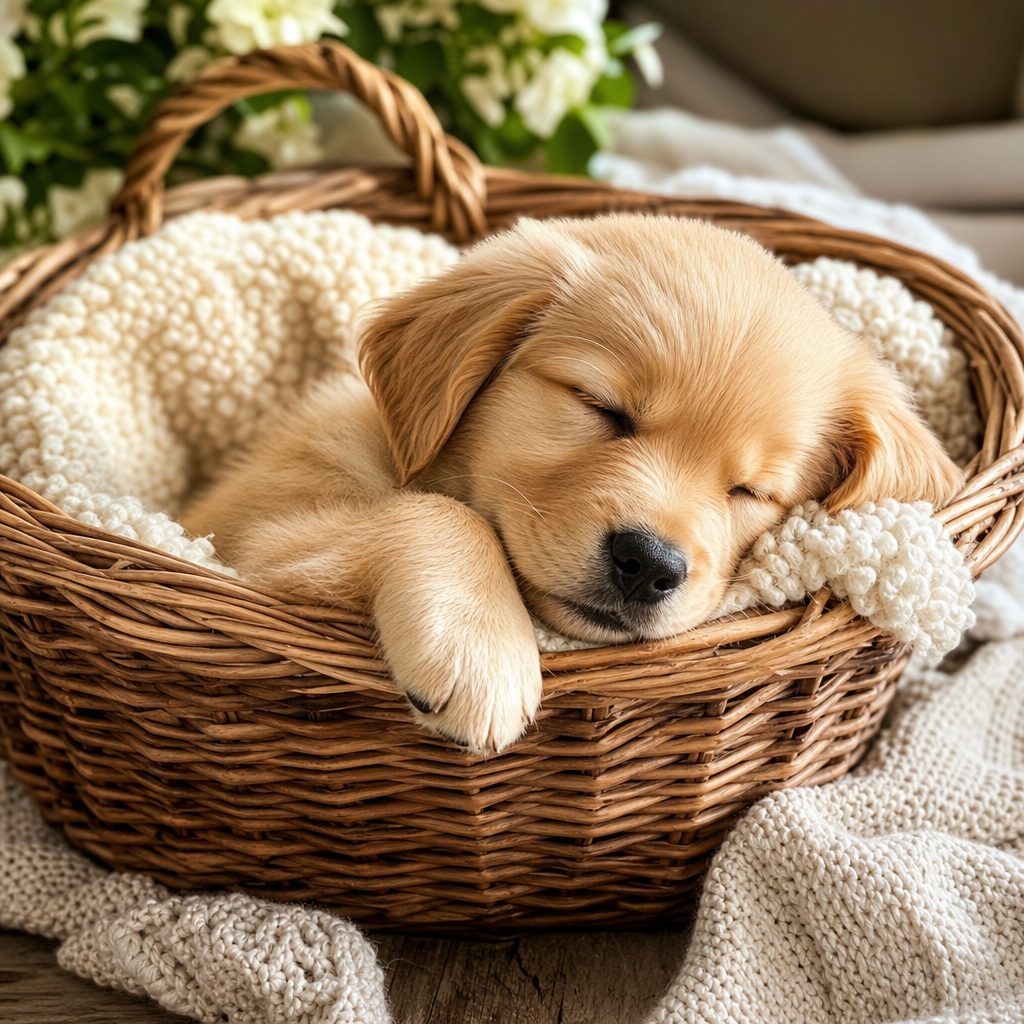 Sleepy golden puppy resting in a wicker basket with a knitted blanket.