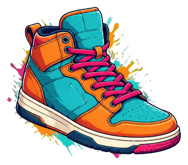 Colorful colorblock high top sneaker with bright laces and paint splashes
