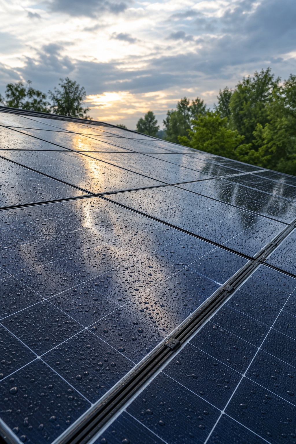 Rain droplets on solar panels reflecting a cloudy sky and nearby trees
