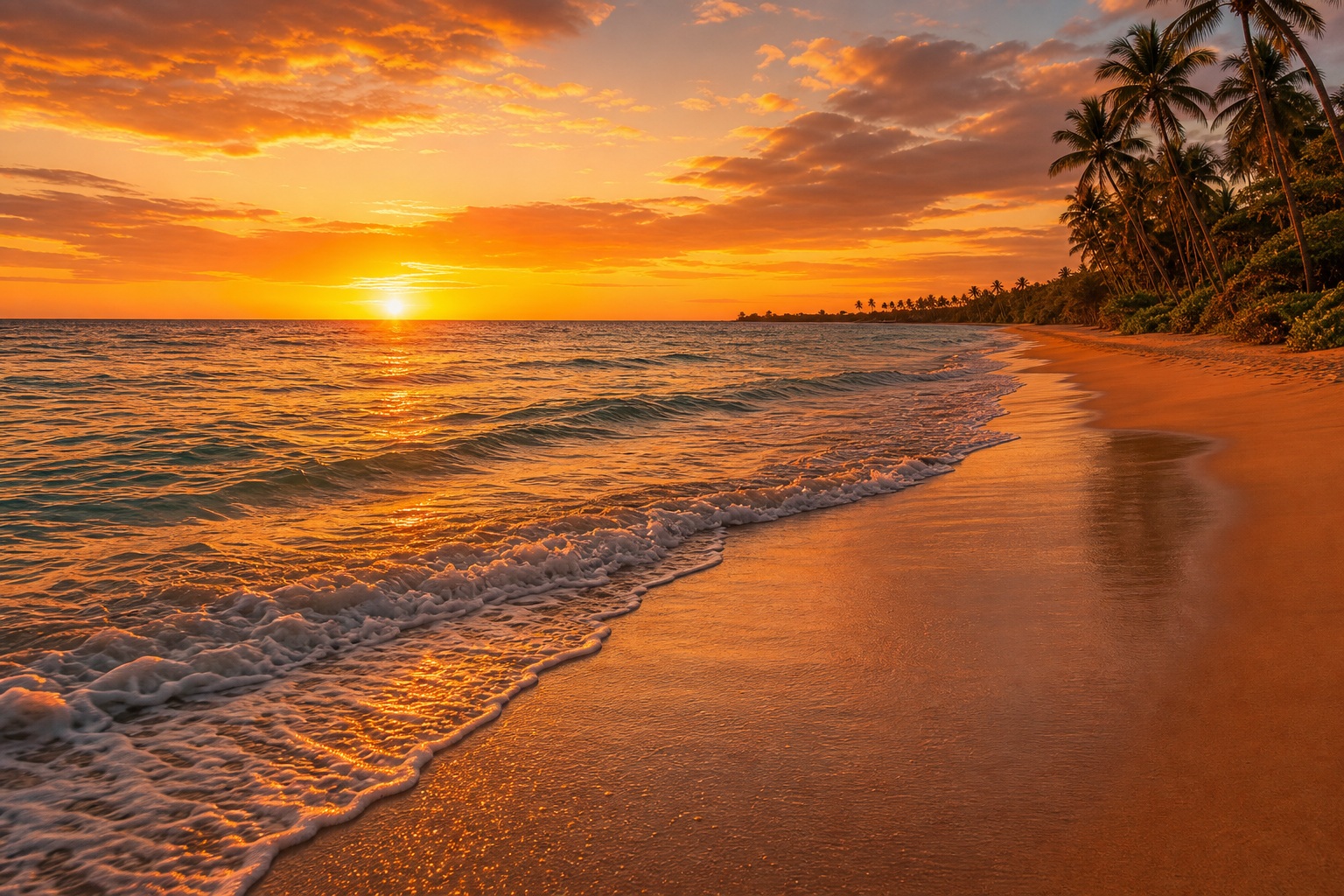 Golden sunset over ocean waves along a tropical beach with palm trees and shoreline