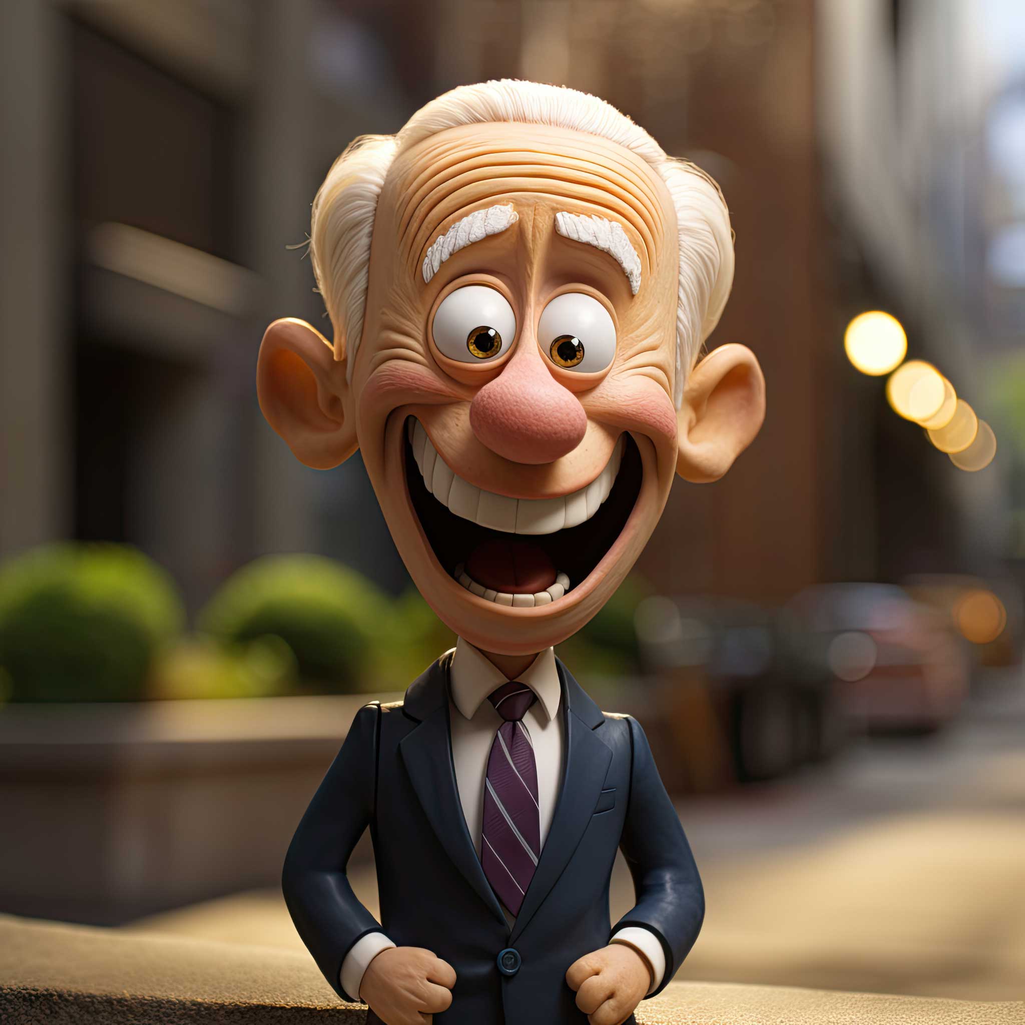 Cartoon man in a business suit smiling in a blurred city street background.