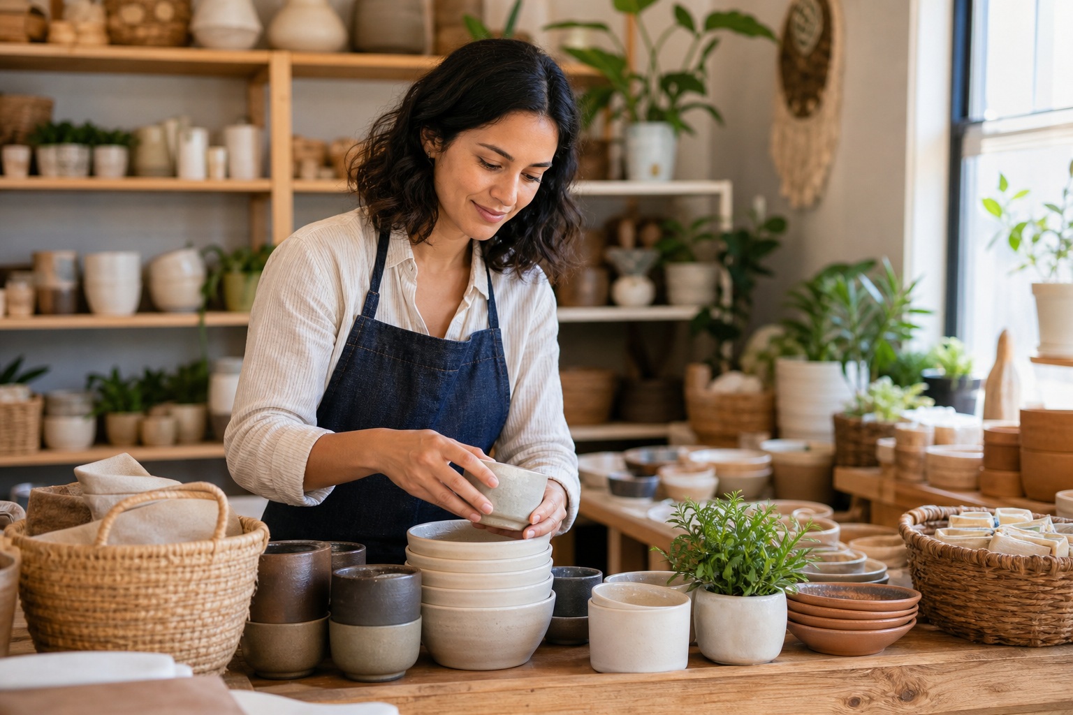 Woman shaping pottery at a wooden table in a bright craft studio