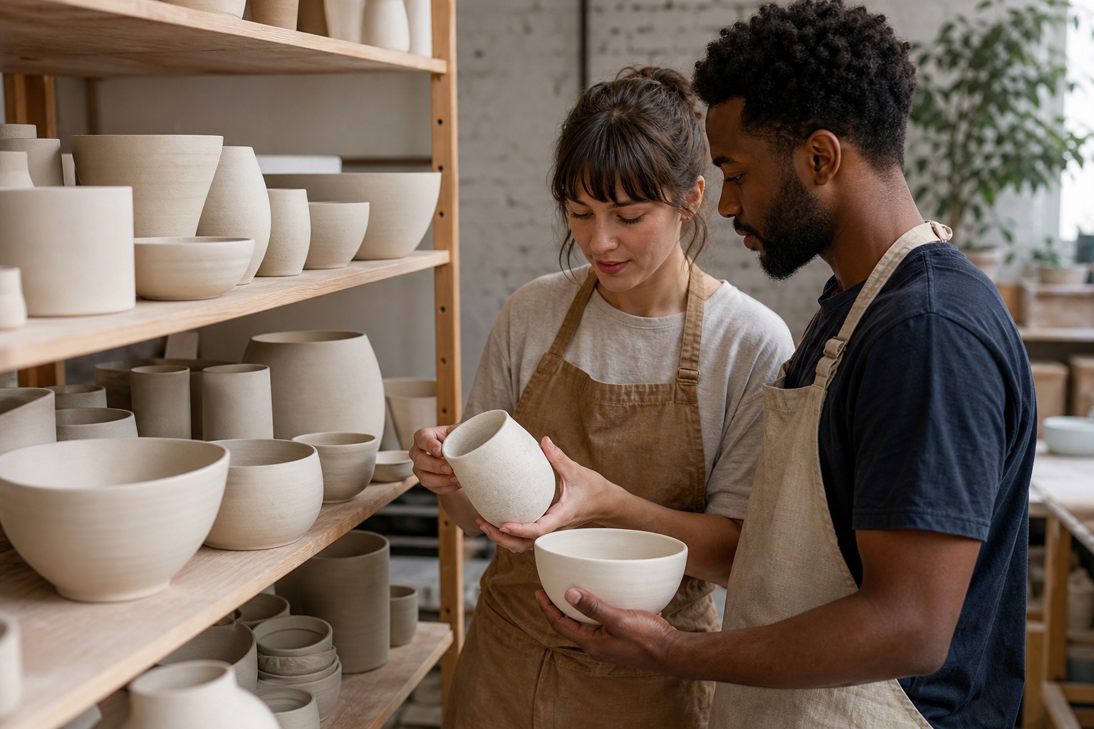 Two makers holding ceramic bowls in a pottery studio with shelves of pottery behind them.
