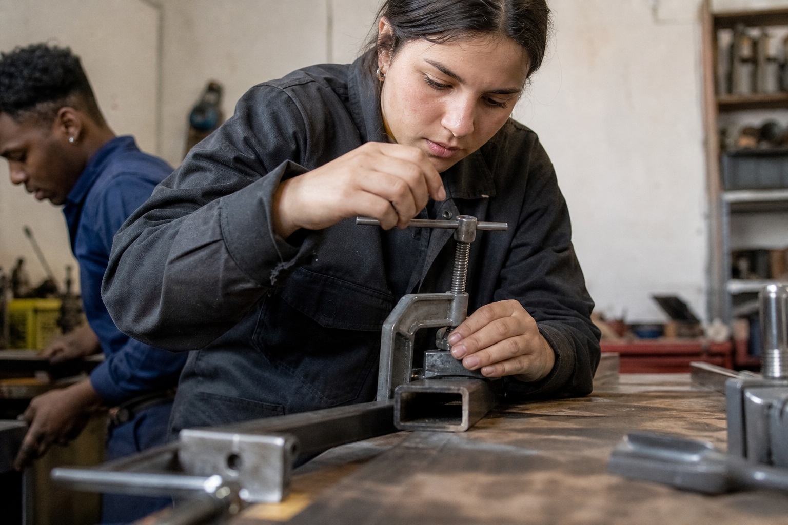 Woman adjusting a metal clamp at a workbench in a workshop studio.