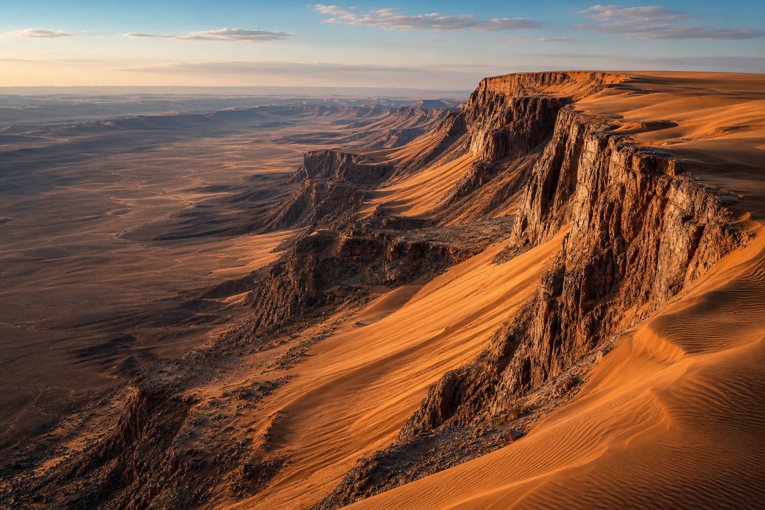Aerial view of copper-colored dunes and a rugged desert escarpment in remote wilderness.