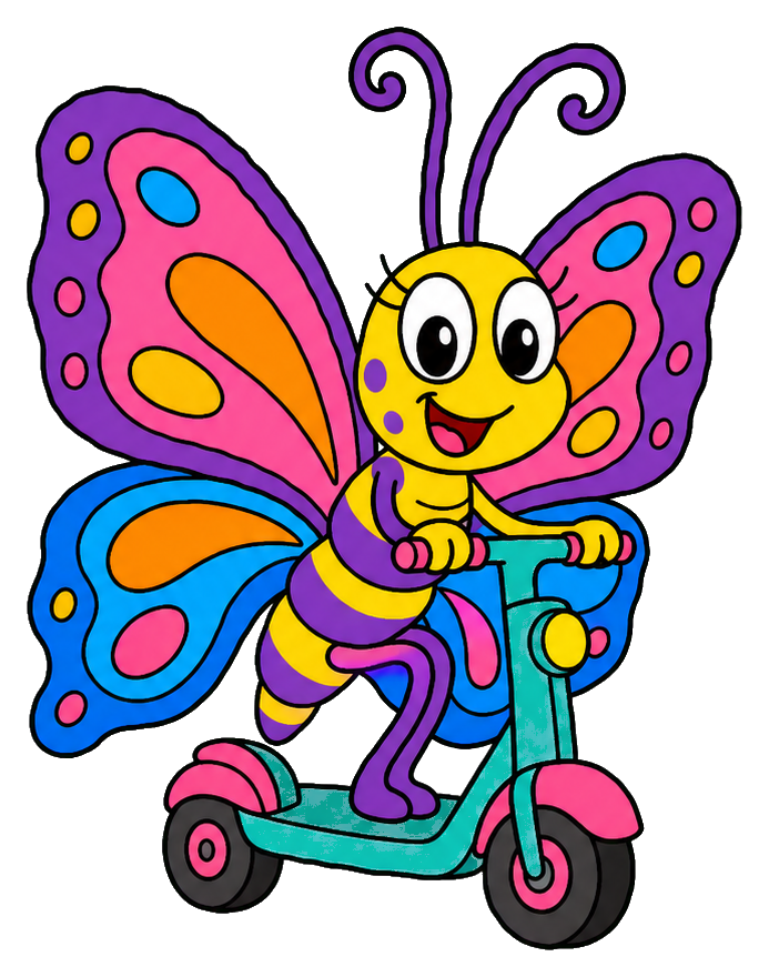 A smiling cartoon butterfly riding a turquoise scooter with bright pink and purple wings.