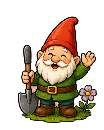 Smiling garden gnome holding a shovel and waving beside a small flower