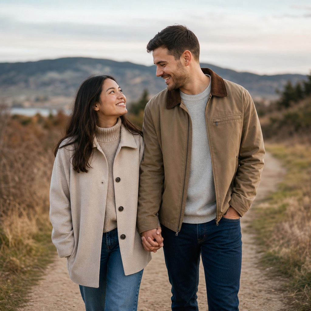 Smiling couple walking hand in hand on a path outdoors at sunset