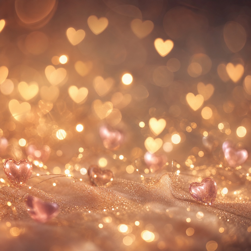Warm golden bokeh lights with glowing heart shapes on a soft romantic background