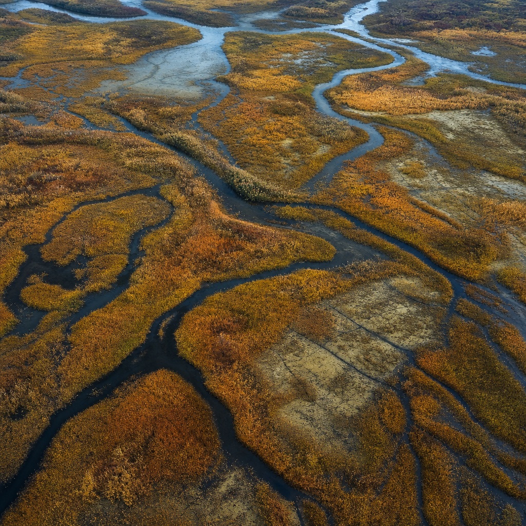 Aerial view of autumn marshland with winding braided water channels.
