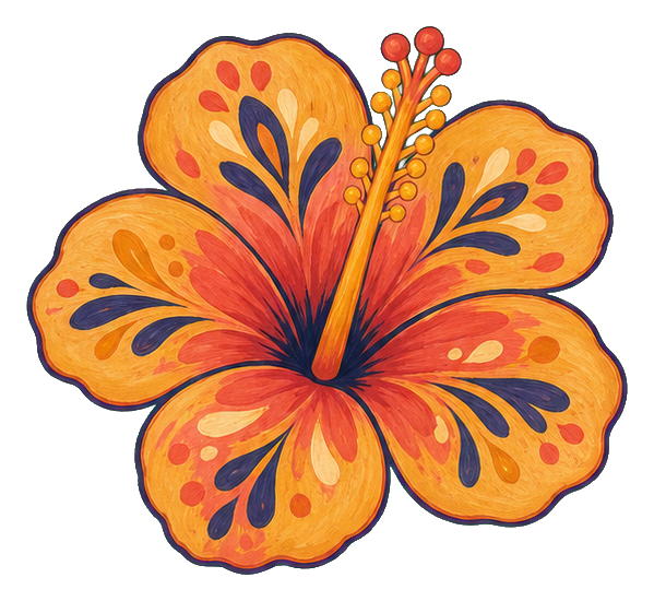 Golden hibiscus flower sticker with orange petals and dark decorative accents