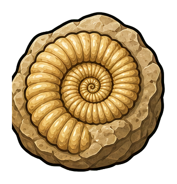A spiral fossil shell embedded in a tan stone background