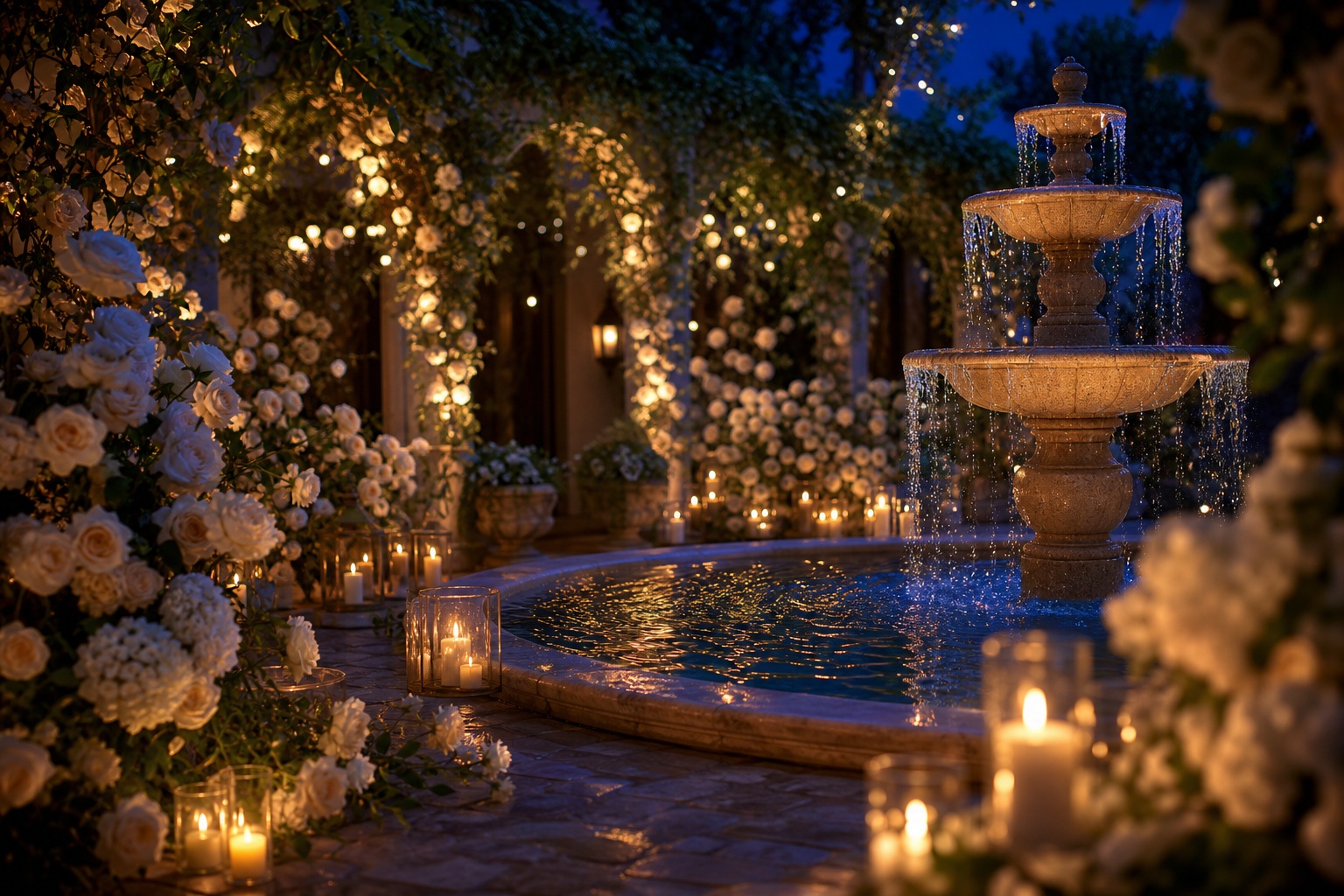 Nighttime courtyard fountain surrounded by flowers and warm glowing lights