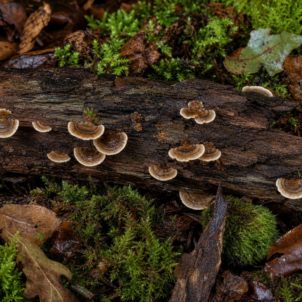 Shelf fungi growing along dark bark on a mossy forest floor after rain.