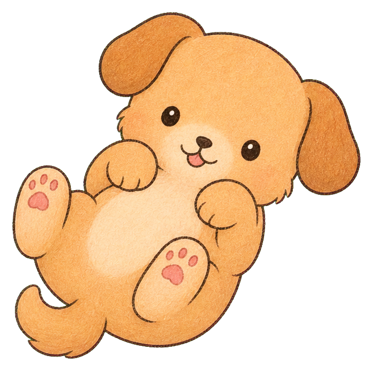 Cute brown puppy lying belly up with paws showing and a smiling face.
