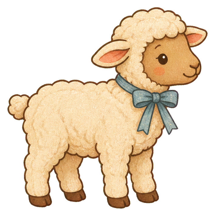 Cream-colored lamb sticker with a dusty blue ribbon around its neck