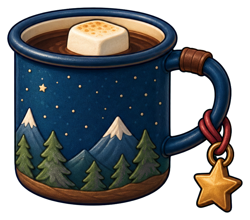 A starry blue campfire mug holding a toasted marshmallow with a dangling star charm.