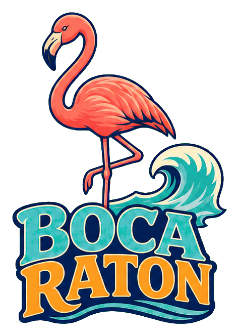 Pink flamingo standing above Boca Raton text with a teal wave accent