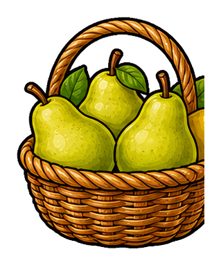 Basket filled with green pears and leaves