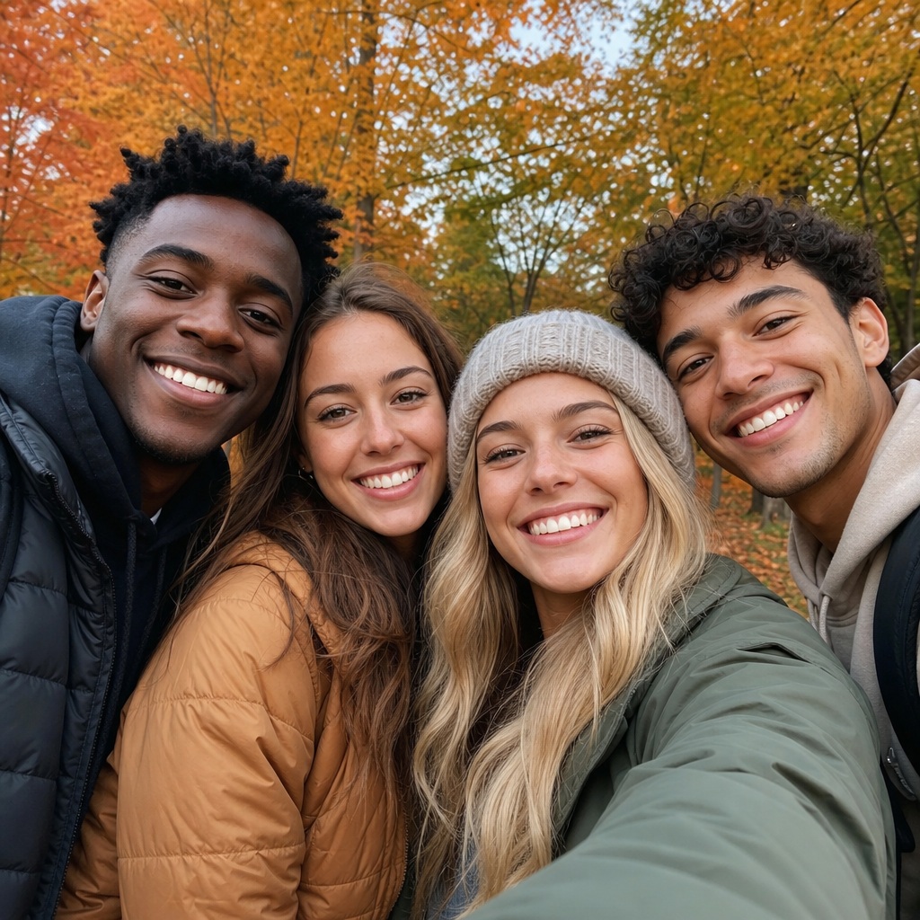 Four friends smiling closely together outdoors with autumn leaves in the background.