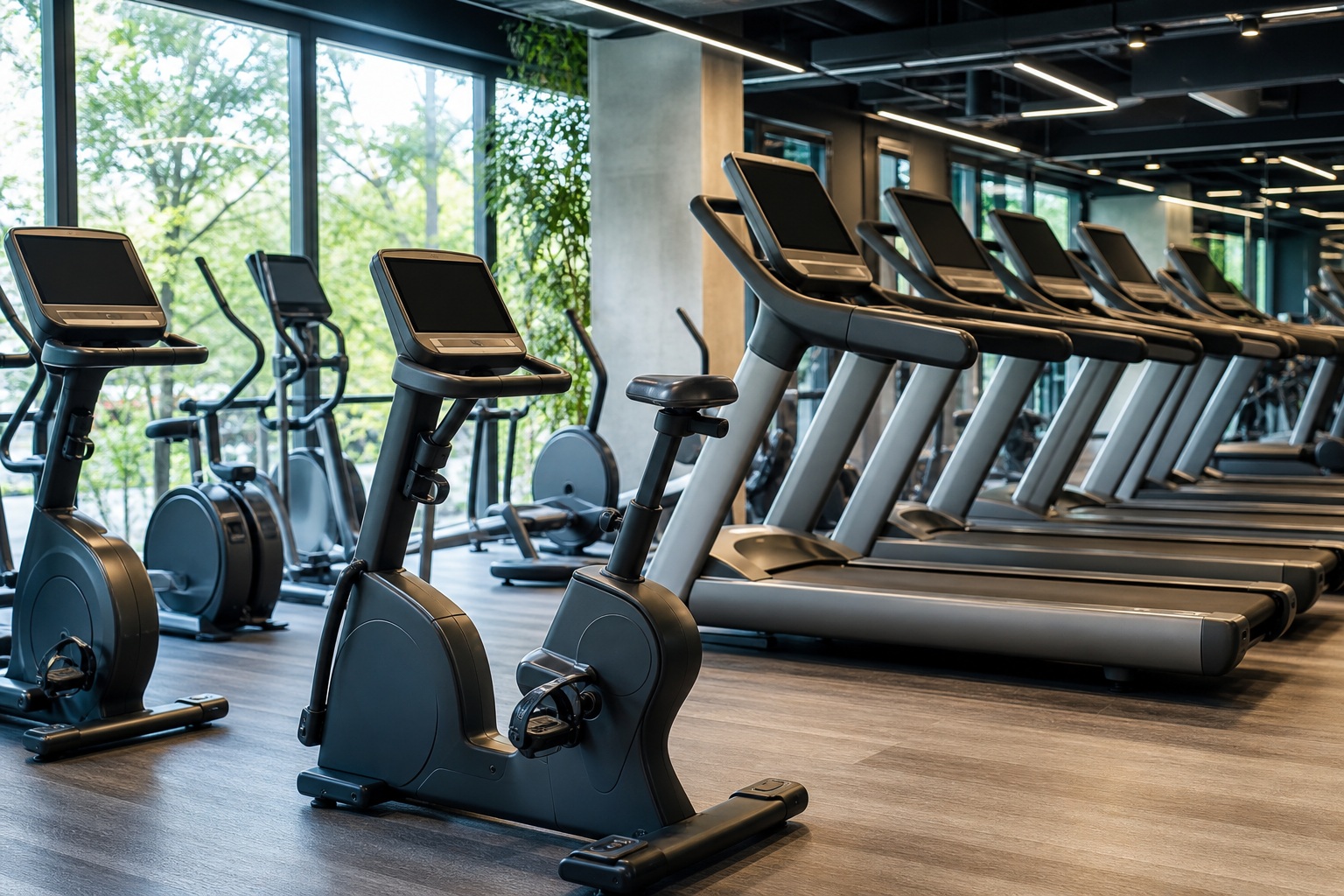 Modern gym interior with treadmills, stationary bikes, and large windows.