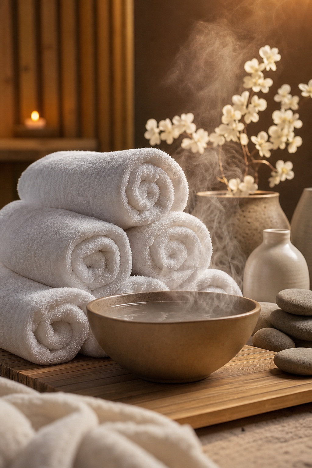 Rolled white spa towels beside a bowl, steam, stones, and soft neutral decor