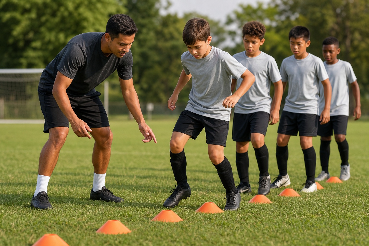 Soccer coach demonstrating a cone drill with young players on a grassy field.