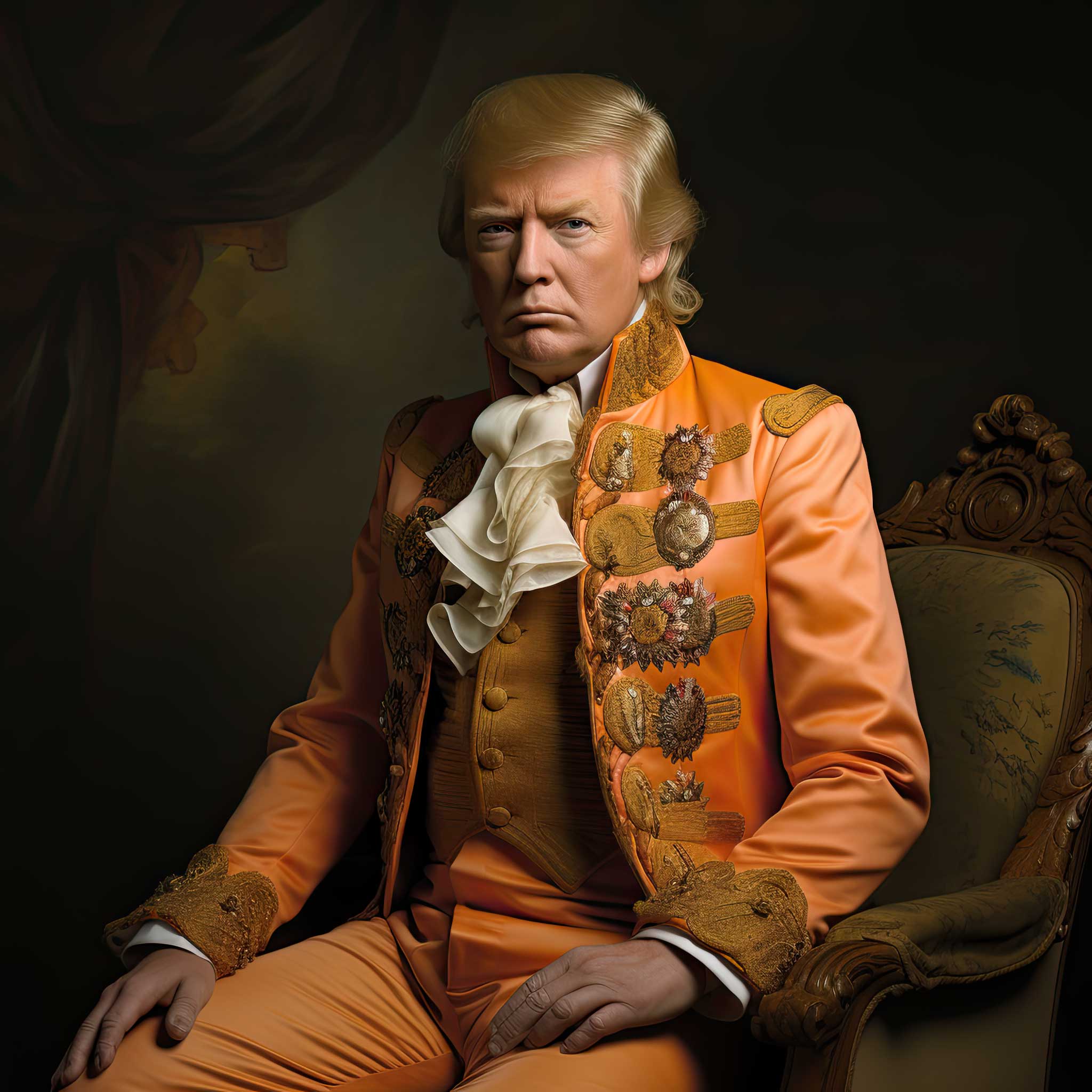 Donald Trump seated in an orange suit with a formal portrait pose