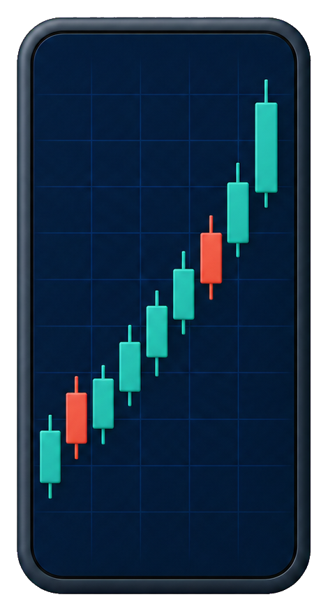 Smartphone showing an upward candlestick stock chart on a dark screen