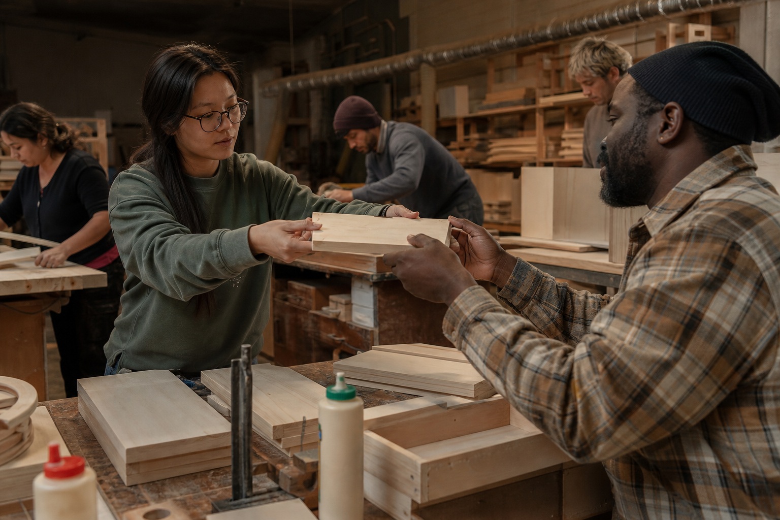 People working together in a wood workshop, passing materials and glue around a table.