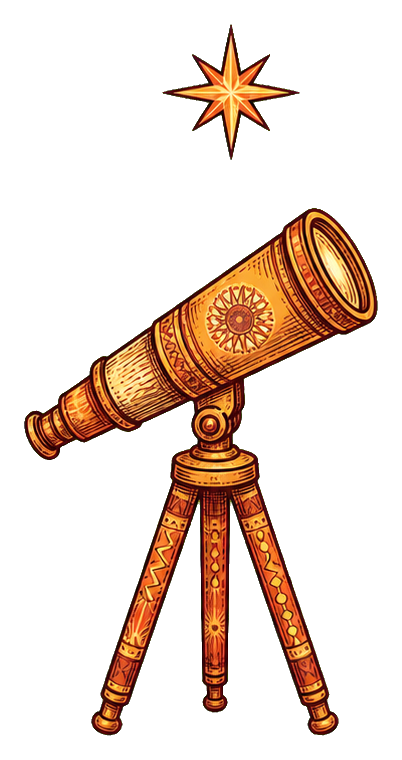Ornate telescope on a tripod with a glowing star above it