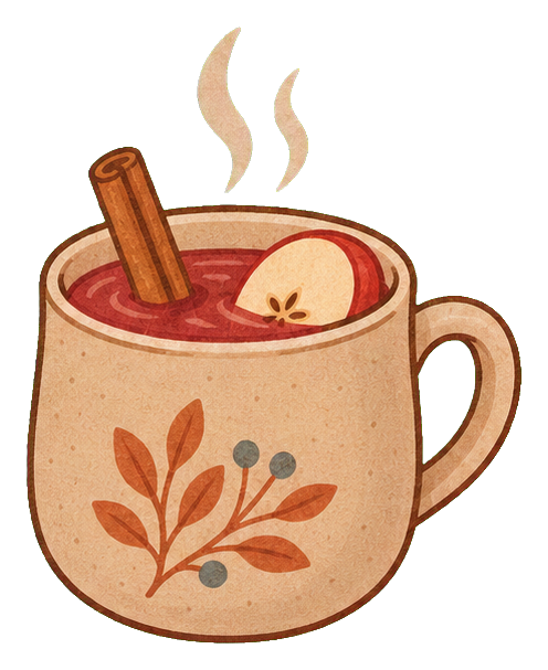 Cream mug filled with cider, with steam, a cinnamon stick, and leaf accents.