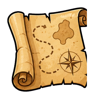 Blank treasure map with dotted path, compass rose, and curled parchment edges