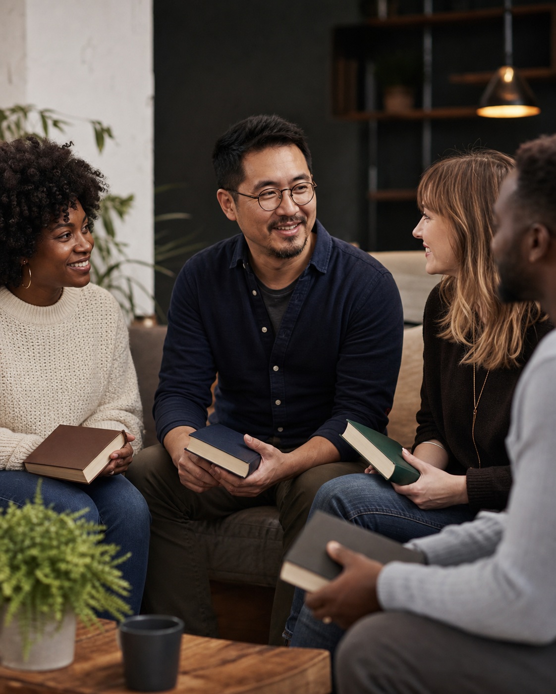 Four adults seated indoors in a casual group discussion with books in hand.