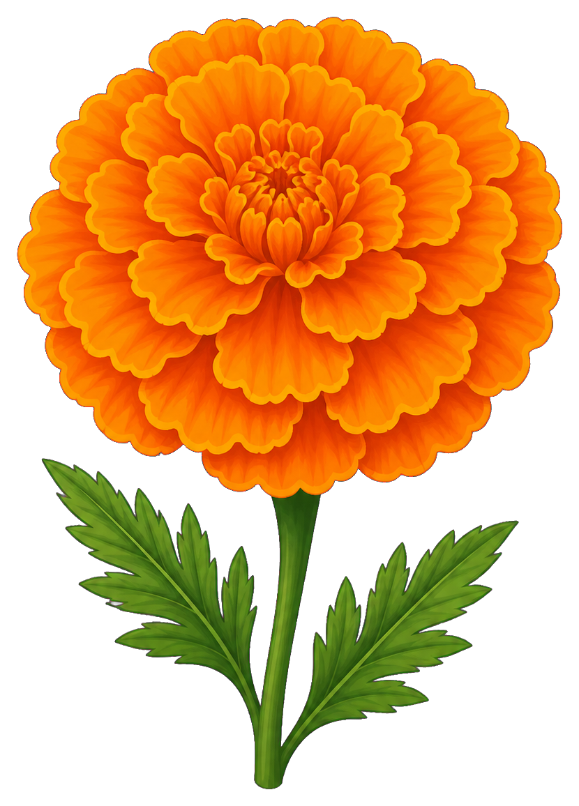 Orange marigold flower on a green stem with leafy foliage