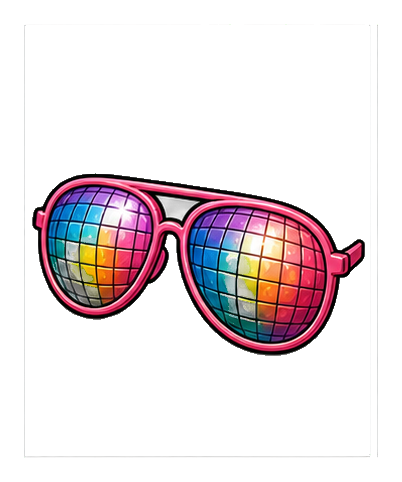 Colorful pink-framed disco sunglasses with mirrored rainbow lens tiles