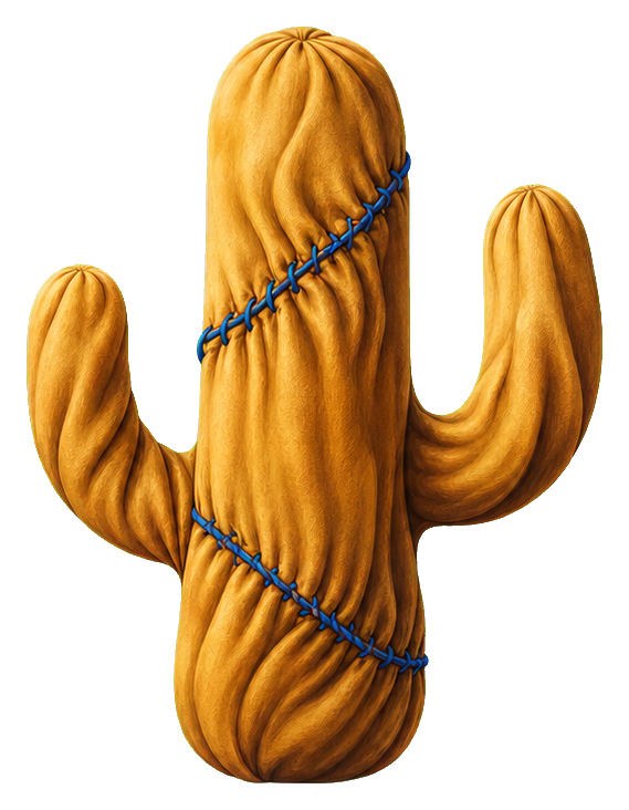 A folded fabric cactus with blue stitching and raised arms