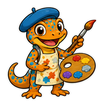 Cartoon lizard holding a paintbrush and palette, wearing an apron with paint splatters.