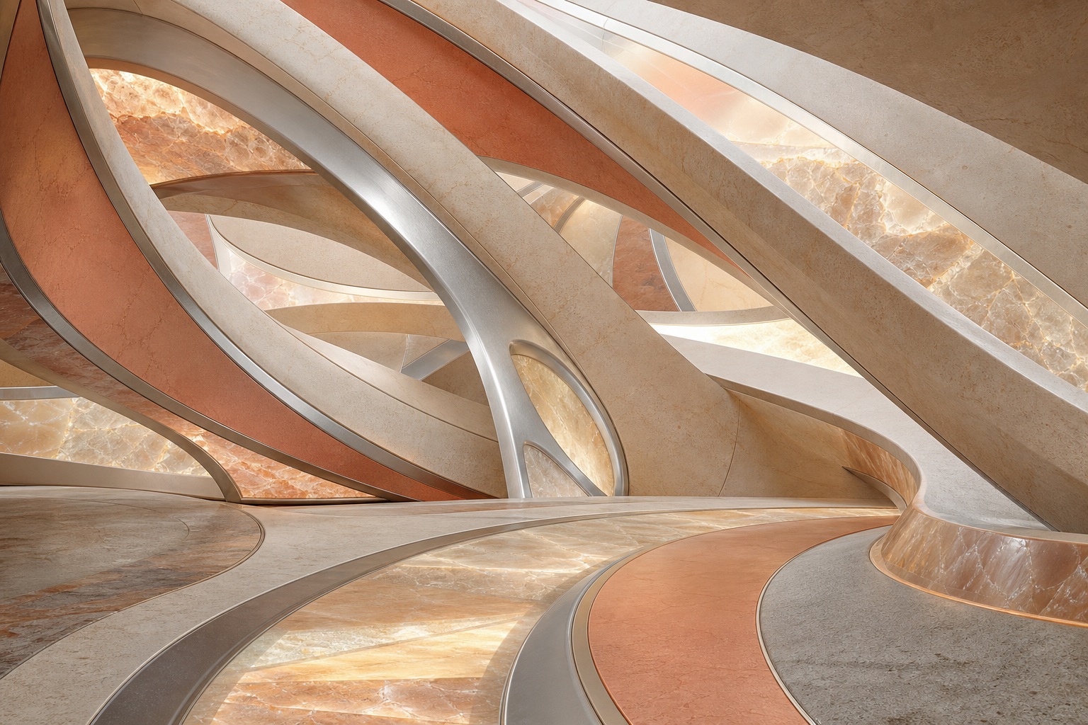 Curving metallic structural ribs in a warm mineral futuristic interior