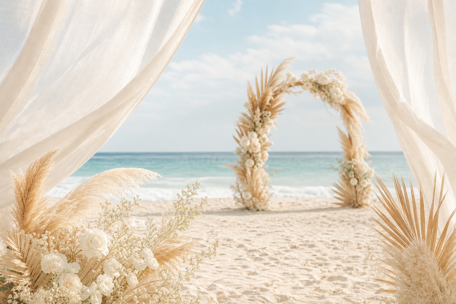 Draped floral arch on a sandy beach with ocean view and soft sea light