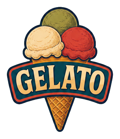 Retro gelato cone sticker with three scoops above the word GELATO.