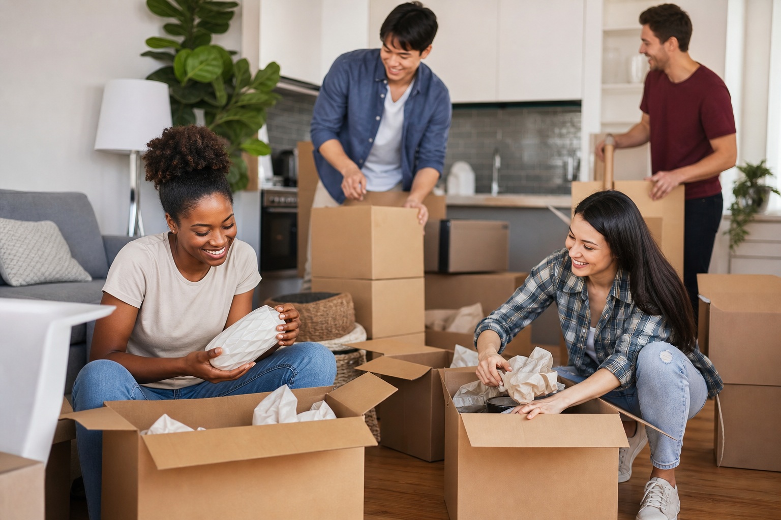 Three friends unpacking boxes in a cozy apartment living room.